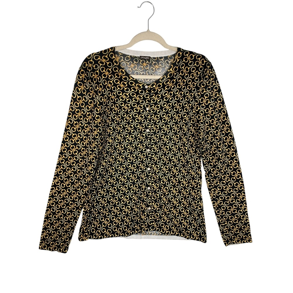 J.McLaughlin Cardigan Womens Long Sleeve‎ Black Gold Equestrian Horse Bit Print